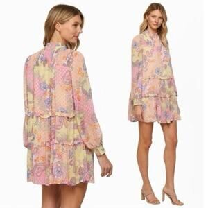 Fate Women's Pastel Paisley Floral Tiered Smocked Babydoll Mini Dress Coquette S